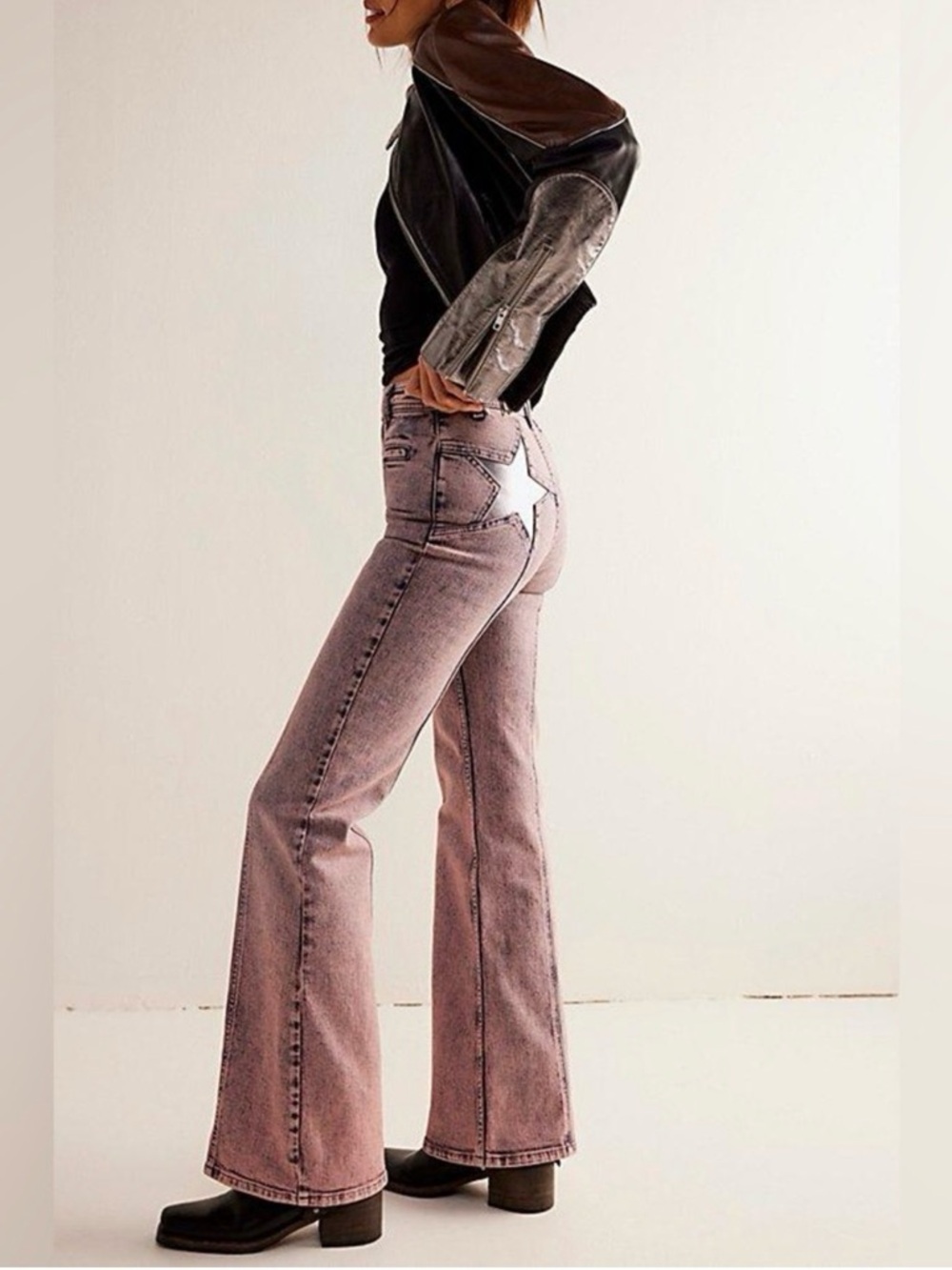 Free People Firecracker Acid Wash High-Rise Flare Jeans with Silver Stars - 28S